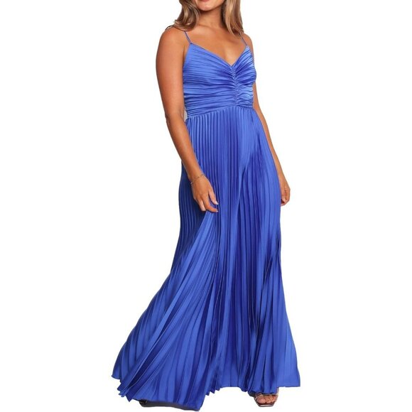 Dresses & Skirts - Women's A-blue Polyester Pleated Adjustable Spaghetti Strap Maxi Dress